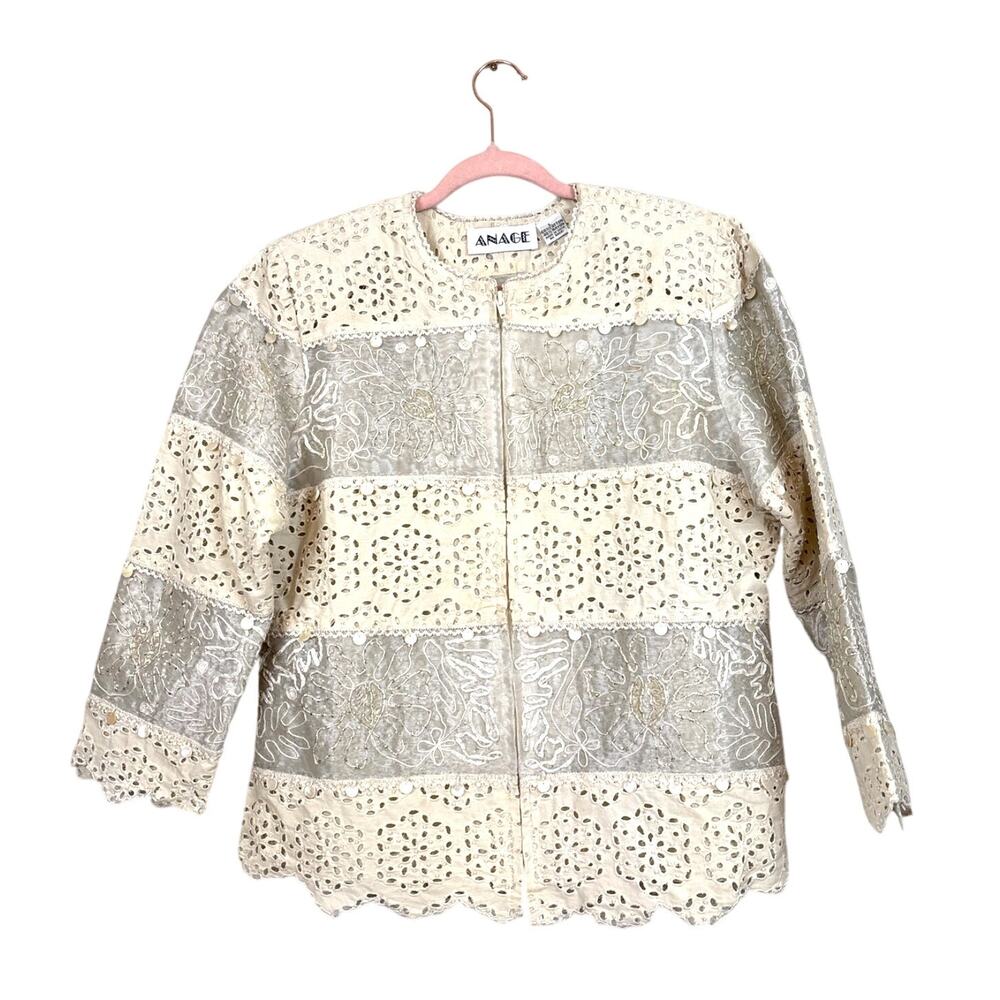 Anage Womens L Vintage Cream Lace Silver Beaded Embroidered Zip Up Blazer NEW